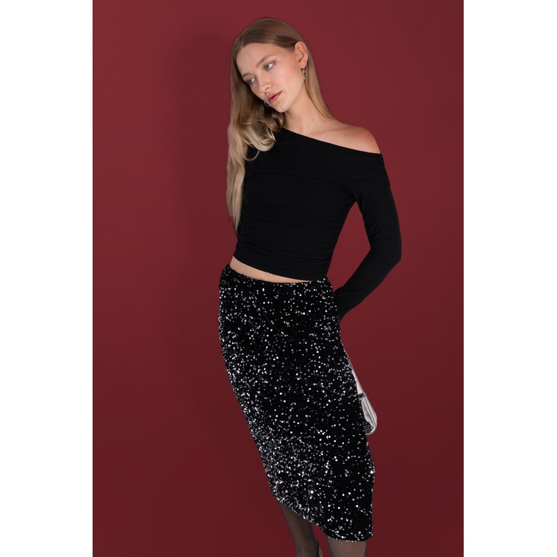 SEQUIN MIDI SKIRT Smoked Pearl Double Extra Small