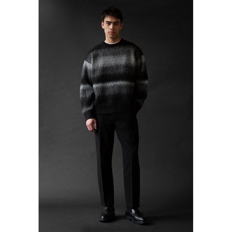 STRIPED TEXTURED KNIT CREWNECK SWEATER Kalamata Stripe Extra Small