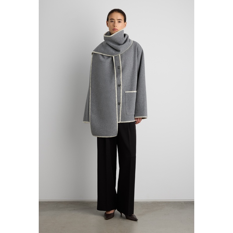 WOOL-BLEND CONTRAST STITCH SCARF JACKET Medium Heather Grey Double Extra Small