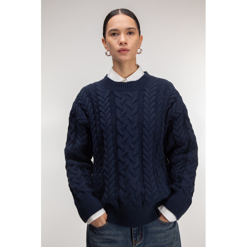 CABLE KNIT CREWNECK SWEATER Navy Extra Small