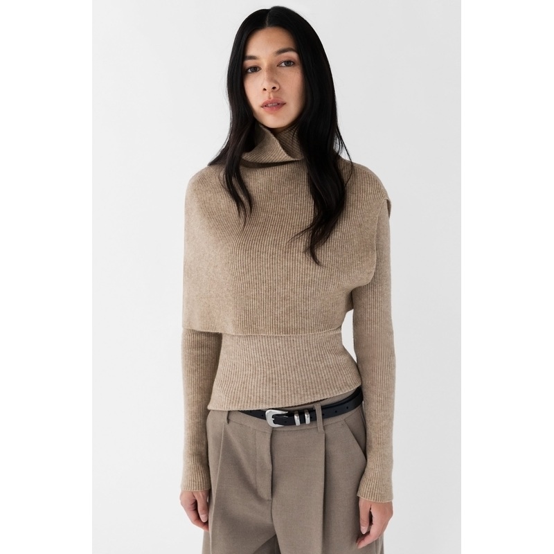 LAYERED KNIT TOP SHAWL SET Beige Extra Small