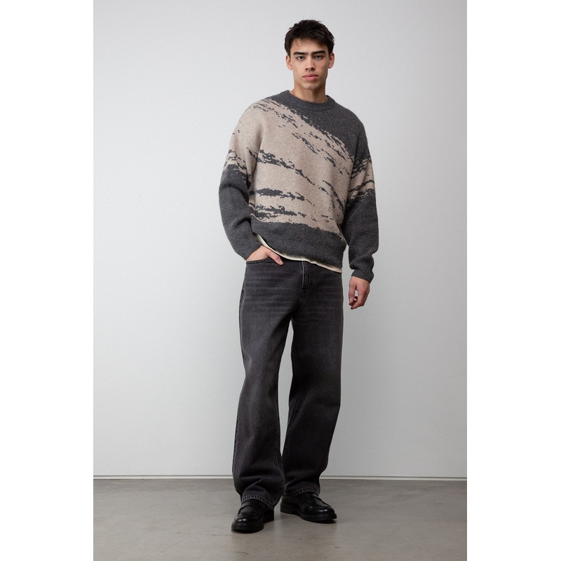 PAINT BRUSH EFFECT CREWNECK SWEATER Cream Grey Extra Small