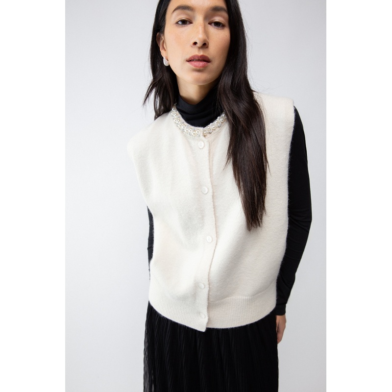 PEARL COLLAR VEST Ivory Extra Small