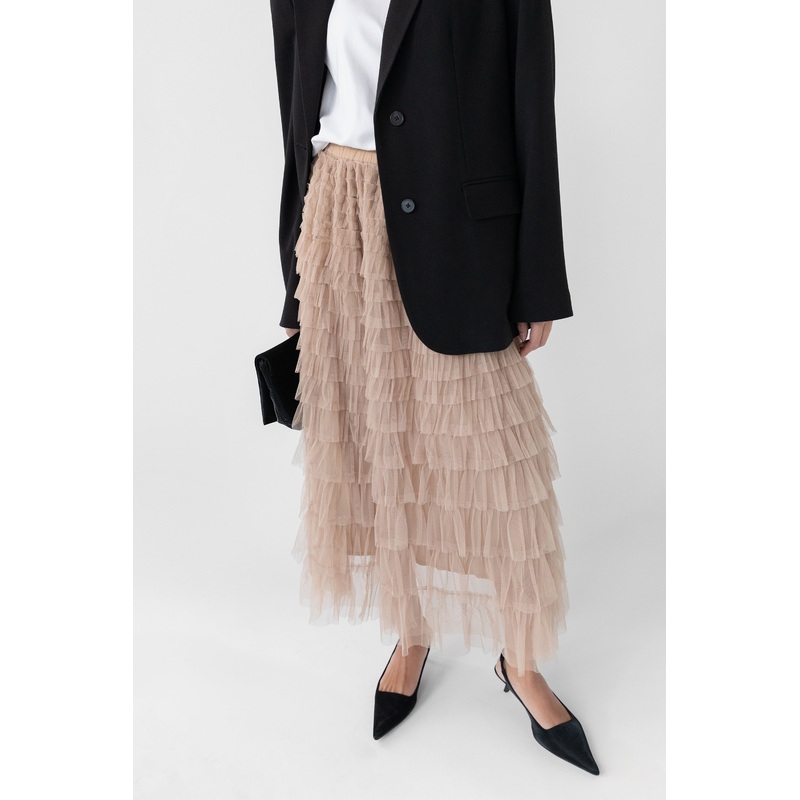 SHEER TIERED MAXI SKIRT Beige Extra Small