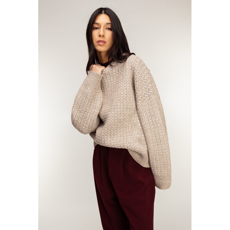 CHUNKY KNIT CREWNECK SWEATER Heather Simply Taupe Extra Small