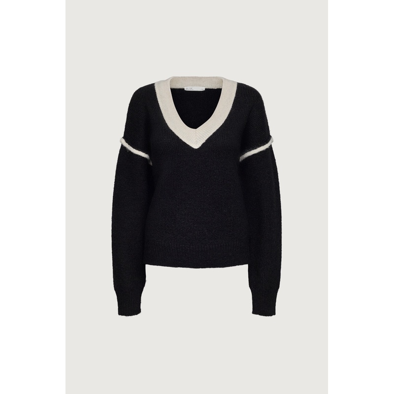 CROPPED CONTRAST V-NECK SWEATER Black Cream Extra Small