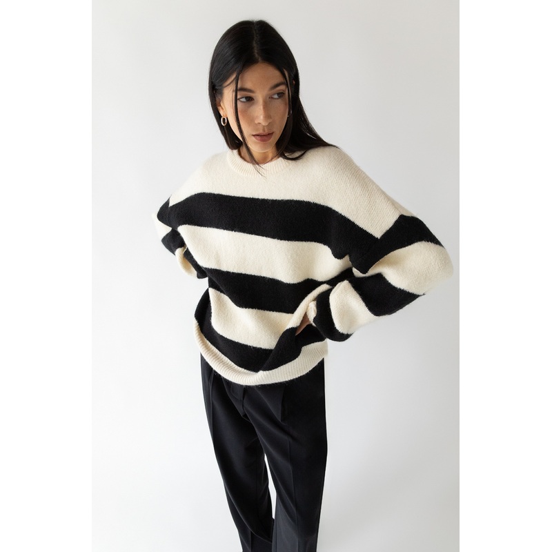OVERSIZED STRIPED SWEATER Oatmeal Black Stripe Double Extra Small