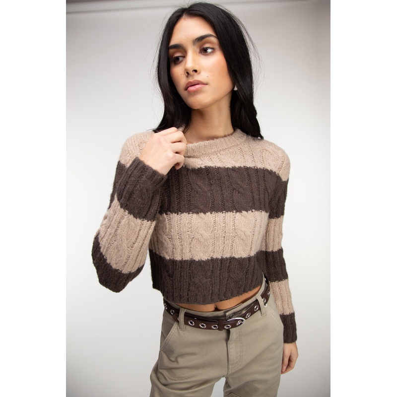 STRIPED CABLE KNIT CROPPED SWEATER Black Sand Stripe Extra Small