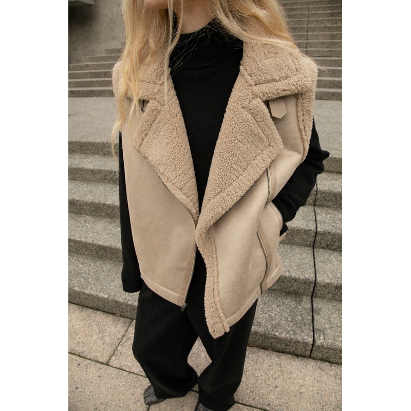 VEGAN SUEDE SHERPA AVIATOR VEST Black Double Extra Small