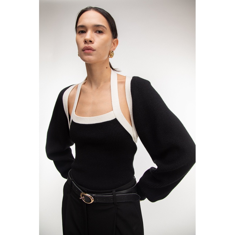 CONTRAST TRIM KNIT BOLERO & TANK TWO PIECE SET Cream Black Double Extra Small