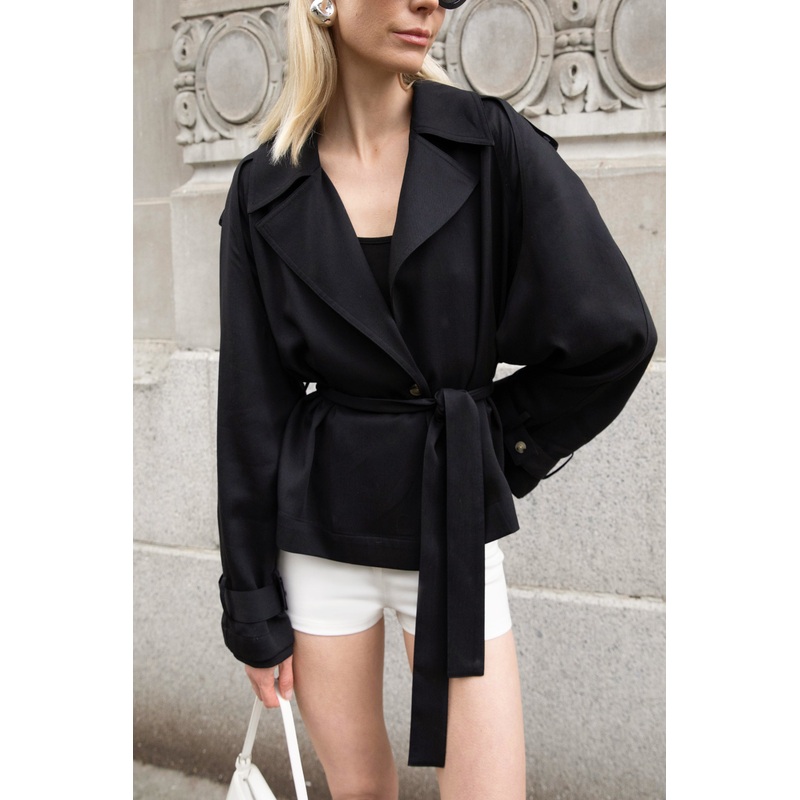 CROPPED FLOWY TRENCH COAT Black Double Extra Small