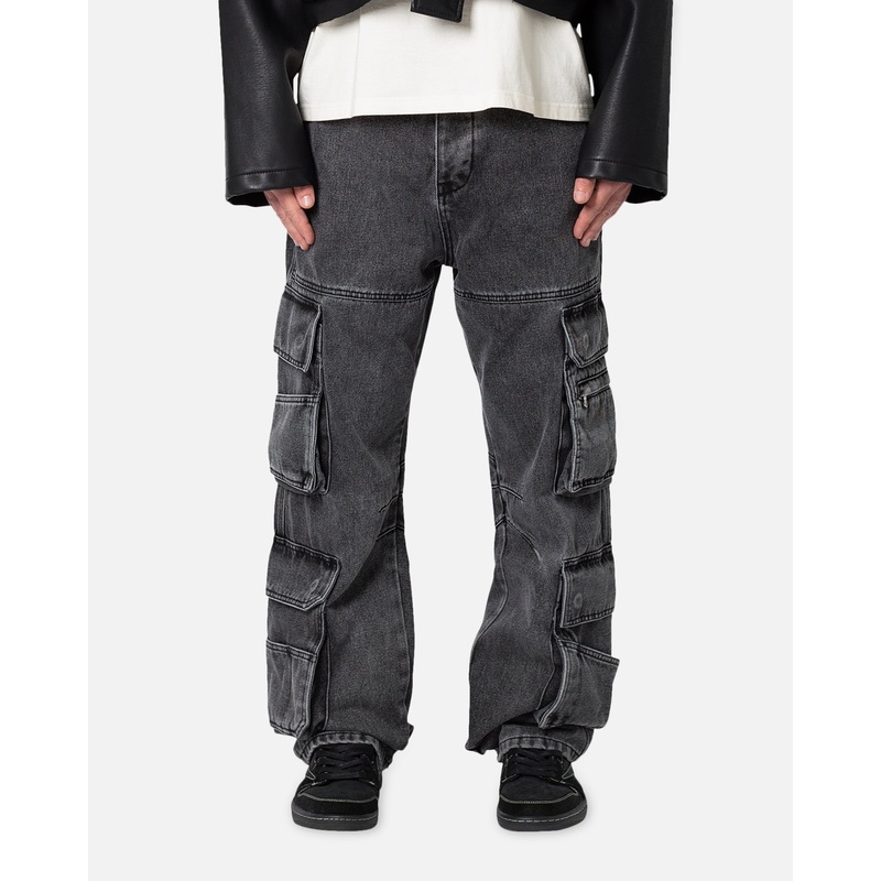 MNML Baggy Rave Cargo Denim Jeans Washed Black 28