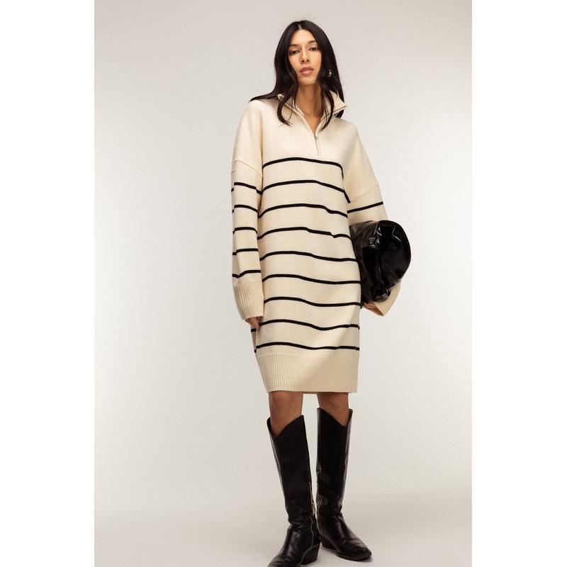 STRIPED HALF-ZIP KNIT DRESS BLACK OATMEAL Extra Small