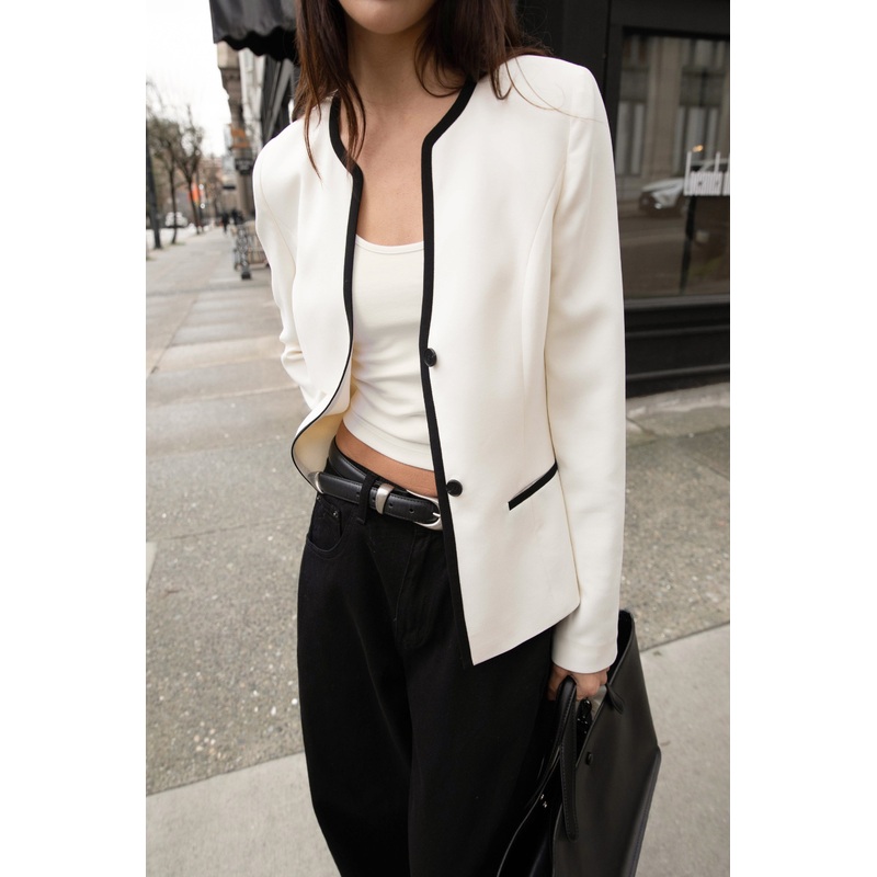 CONTRAST TRIM BUTTON FRONT COLLARLESS BLAZER Black Cream Double Extra Small