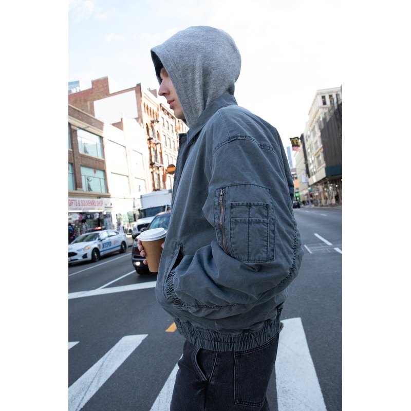 WASHED EFFECT COTTON UTILITY BOMBER JACKET Washed Black Double Extra Small