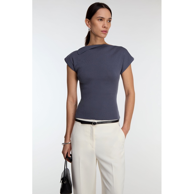 ASYMMETRICAL OFF THE SHOULDER CAP SLEEVE SWEATER Grisaille Double Extra Small