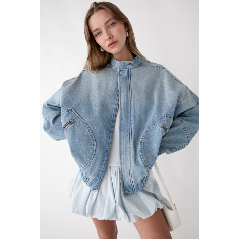 DENIM MOTO BOMBER JACKET Stone Light Wash Double Extra Small