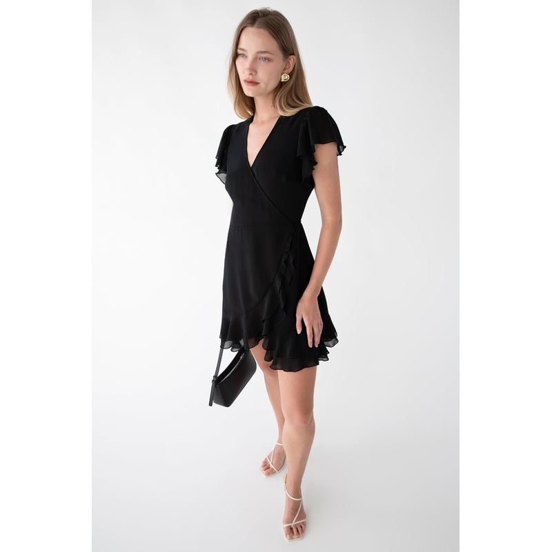 WRAP MINI DRESS WITH RUFFLED HEM Black Double Extra Small