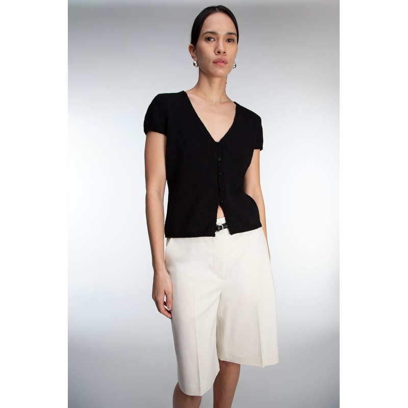 BUTTON FRONT CAP SLEEVE SWEATER Black Double Extra Small