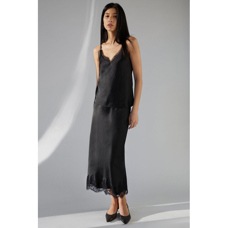 LACE TRIM SATIN MIDI SKIRT Black Double Extra Small