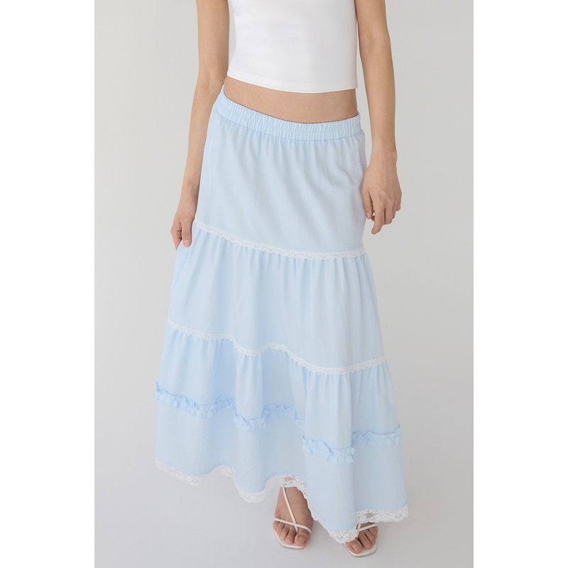 TIERED LACE TRIM MAXI SKIRT Sky Blue Extra Small