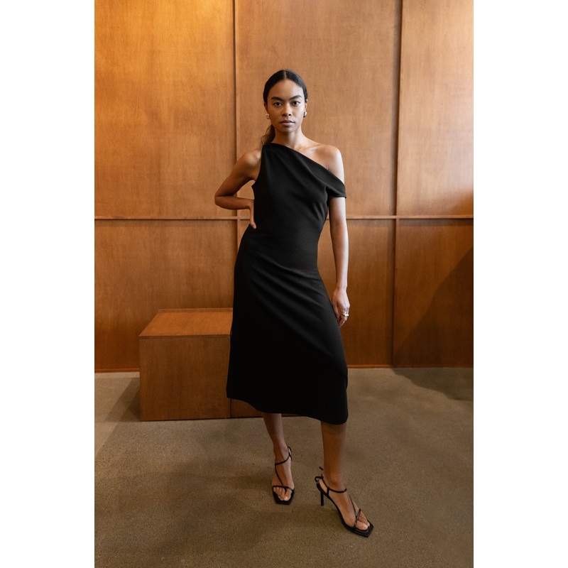 ASYMMETRIC ONE SHOULDER KNIT DRESS Black Extra Small