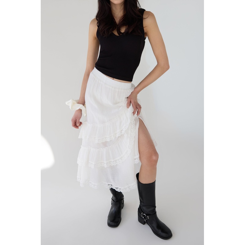 LACE TIERED MAXI SKIRT White Extra Small
