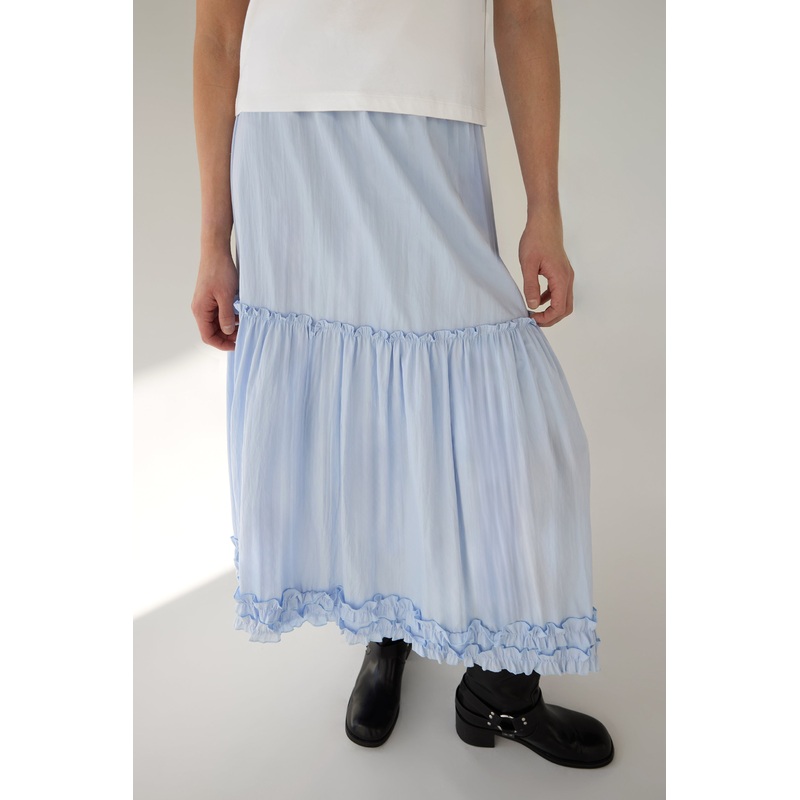 TIERED RUFFLE MAXI SKIRT Light Blue Extra Small