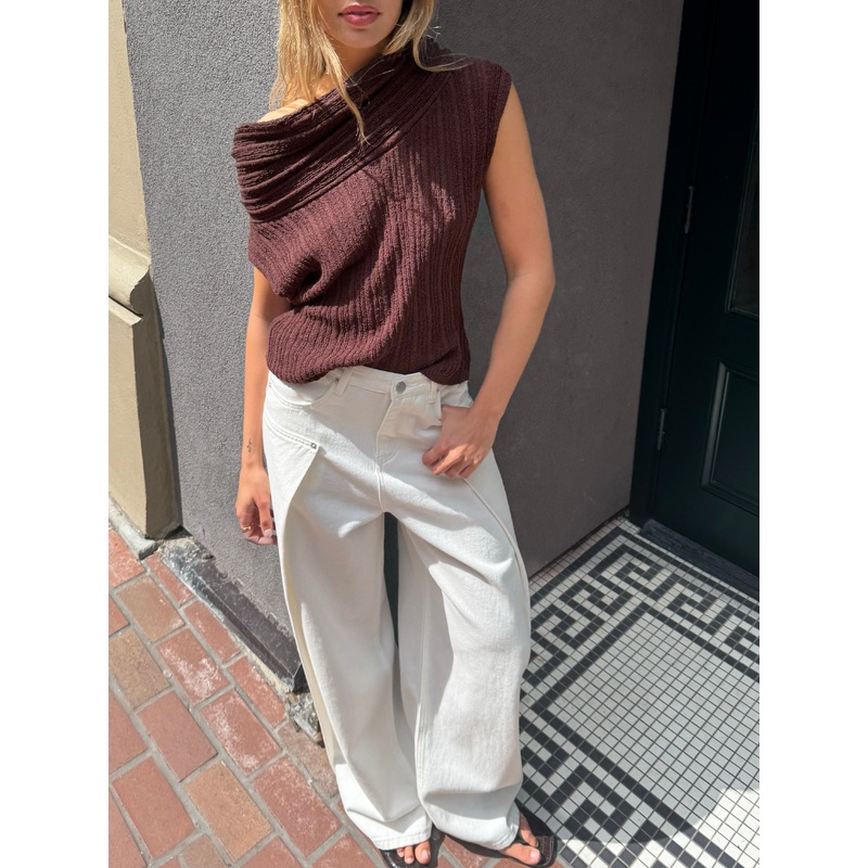 SLOUCHY OFF THE SHOULDER SHORT SLEEVE SWEATER Brown Stone Double Extra Small