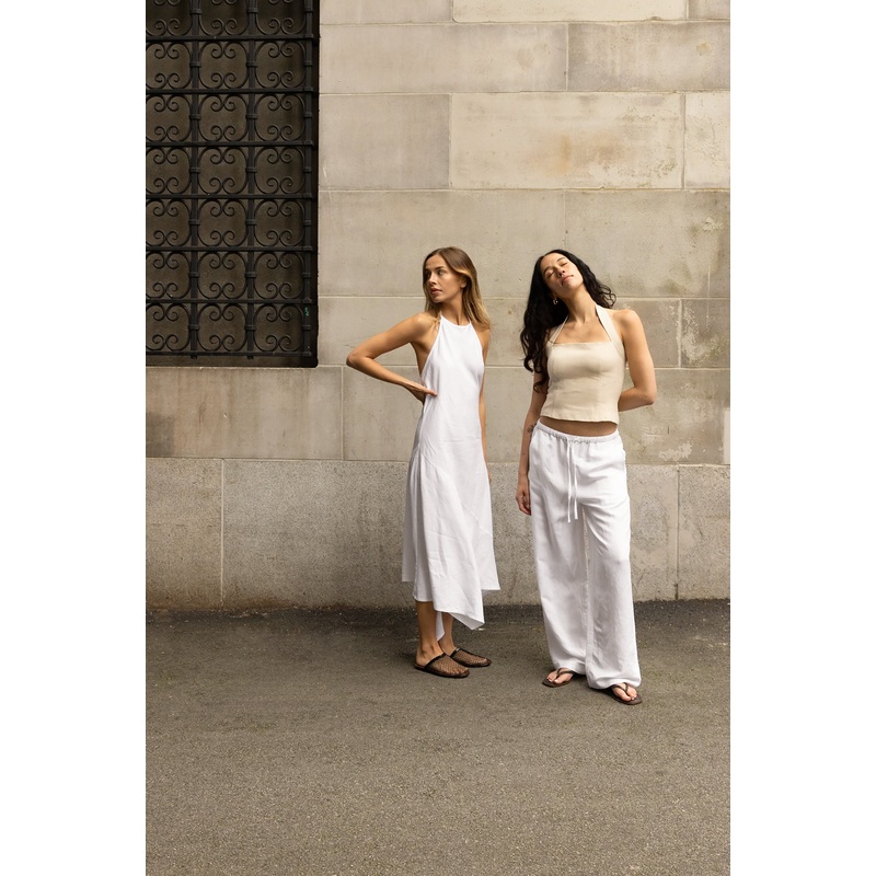 WHITE LINEN BLEND PANT WITH DRAWSTRING WAIST White Double Extra Small