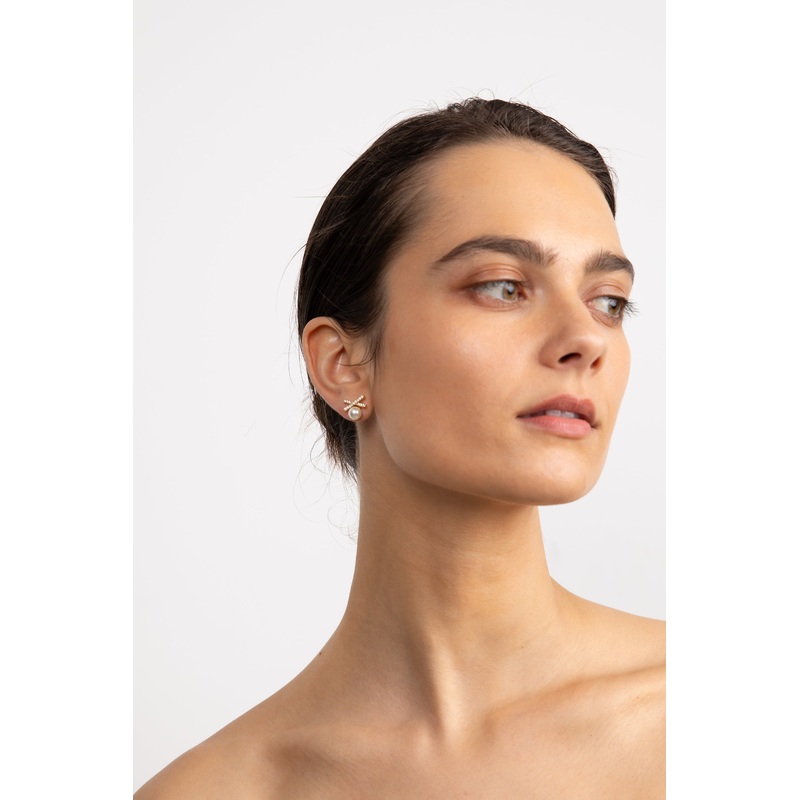 ZIRCONIA BOW AND PEARL EARRING Gold One Size