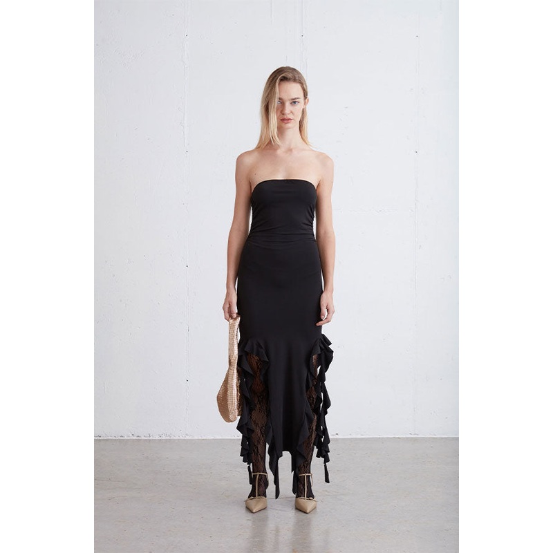 TUBE TOP DRESS WITH FRILL DETAILS Black Small