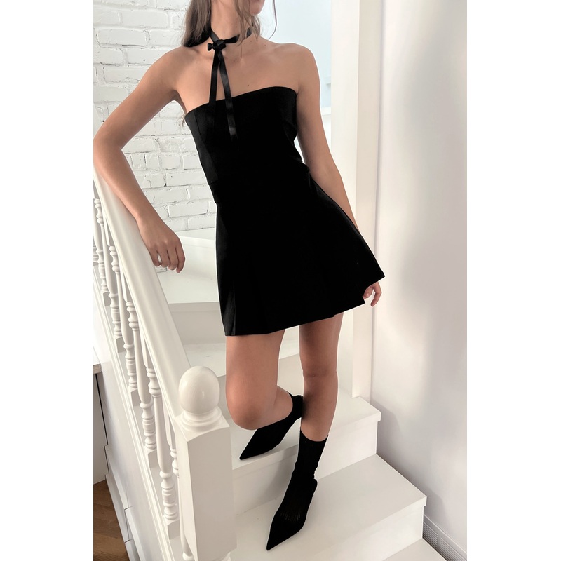 TUBE TOP MINI PLEATED DRESS Black Extra Small