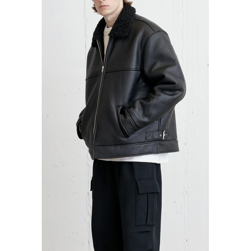 VEGAN LEATHER SHERPA JACKET Black Double Extra Small