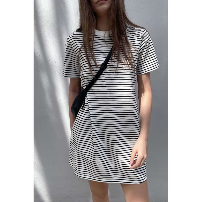 STRIPED T-SHIRT DRESS Coconut Milk Black Stripe Extra Small