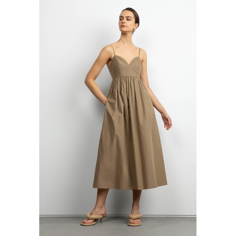 SWEETHEART NECKLINE POPLIN MIDI DRESS LEAD GRAY Extra Small