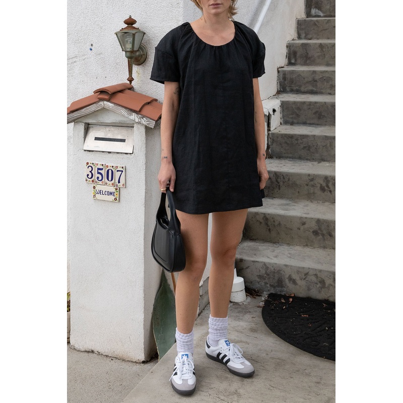 100% LINEN BOXY MINI DRESS Black Double Extra Small