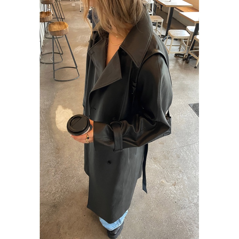VEGAN LEATHER TRENCH COAT Black Double Extra Small