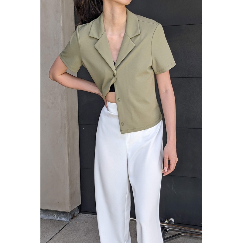 COLLARED BUTTON UP SHORT SLEEVE SHIRT Dark Aloe Extra Small