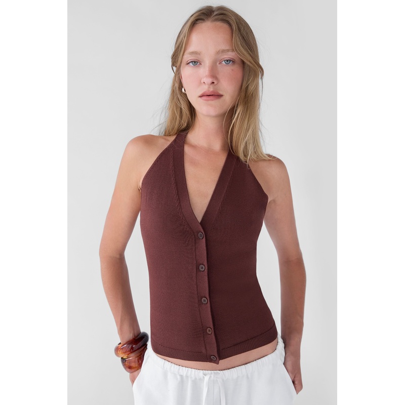 KNIT HALTER BUTTON FRONT TANK Brown Stone Double Extra Small