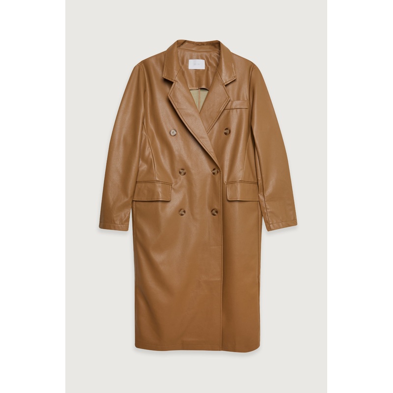 DOUBLE BREASTED VEGAN LEATHER COAT Golden Brown Small