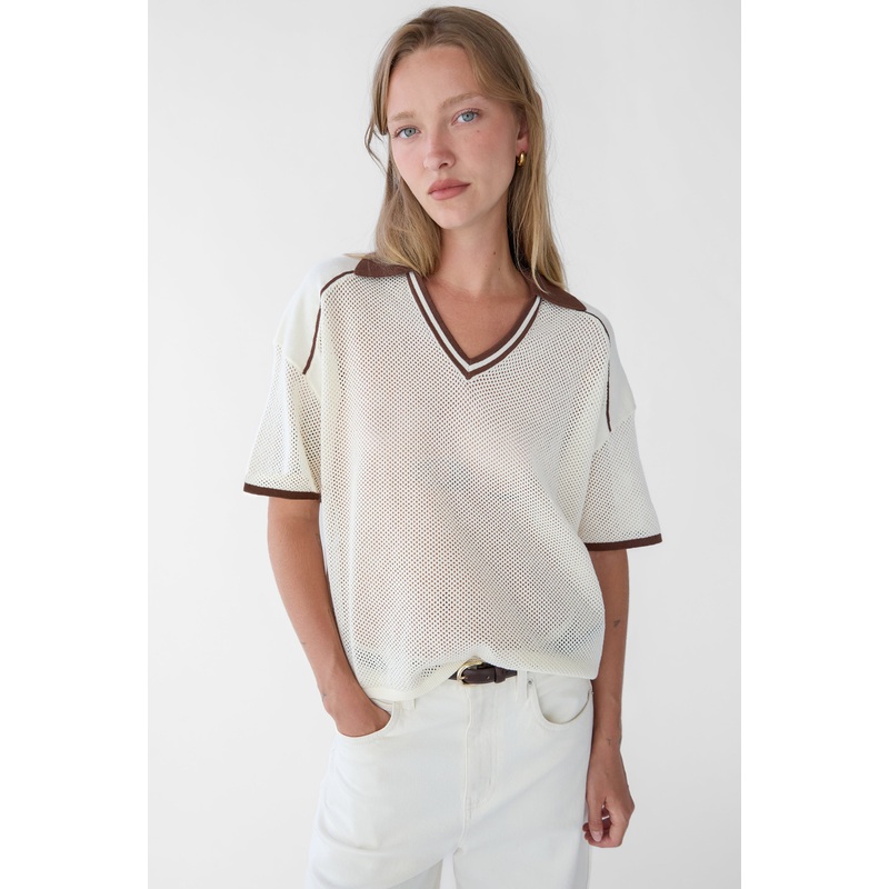 V-NECK MESH CROCHET POLO Cream Pinecone Double Extra Small