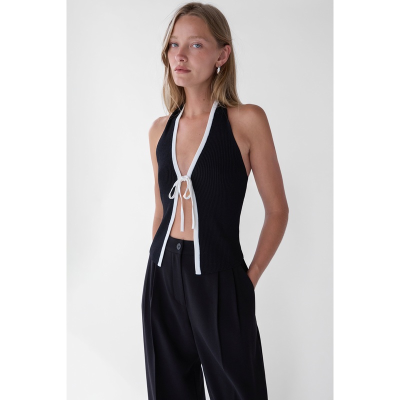 KNIT HALTER TOP WITH CONTRAST BOW Black Birch Double Extra Small