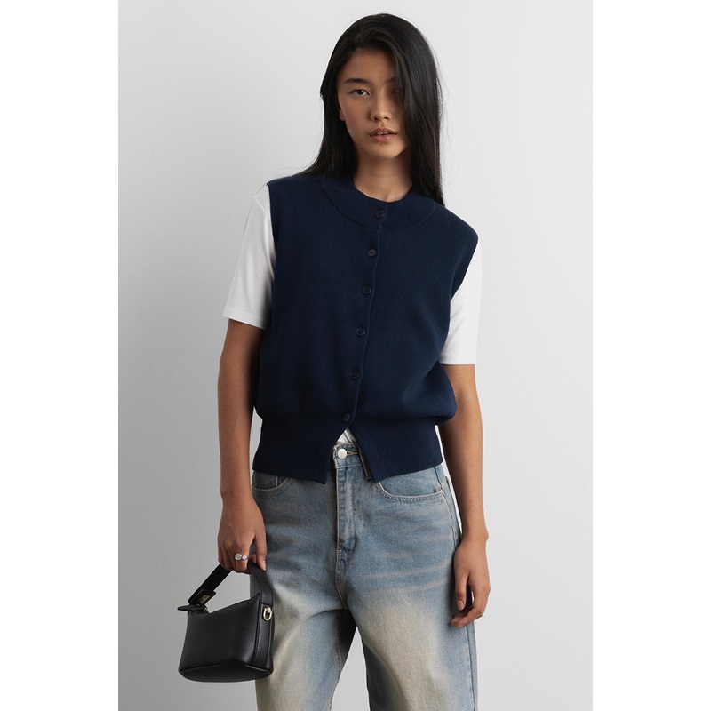 KNIT MOCKNECK BUTTON UP VEST Navy Blue Double Extra Small