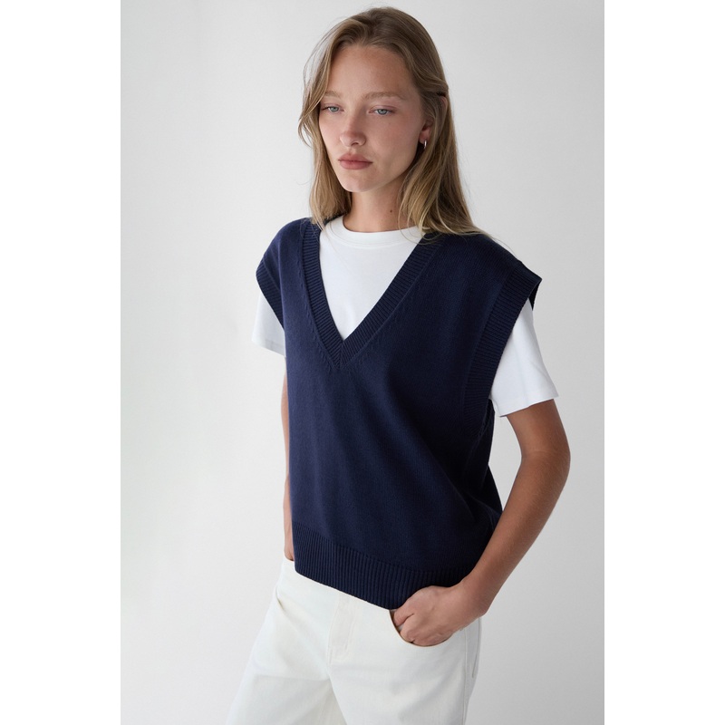 V-NECK SWEATER VEST Navy Blue Double Extra Small