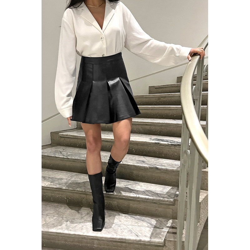 VEGAN LEATHER PLEATED MINI SKIRT Black Small