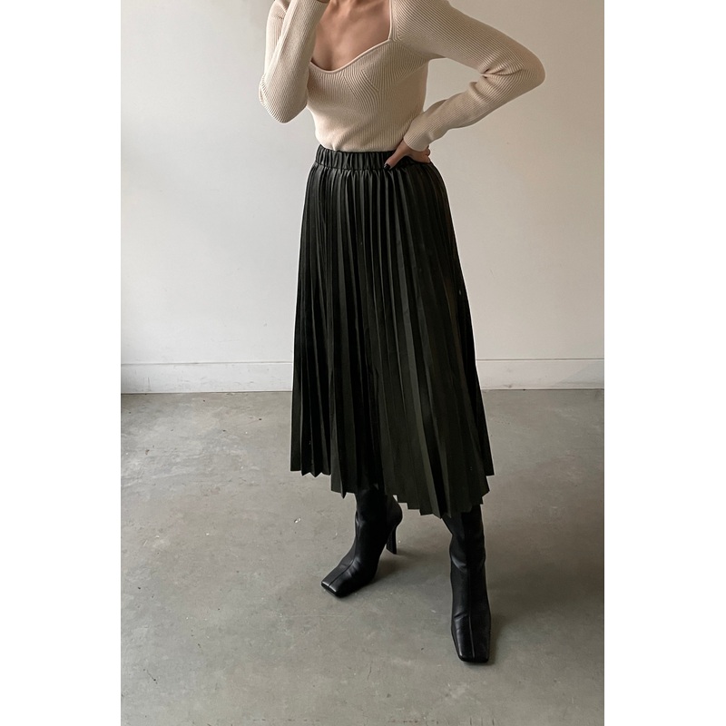 VEGAN LEATHER PLEATED SKIRT Khaki Small