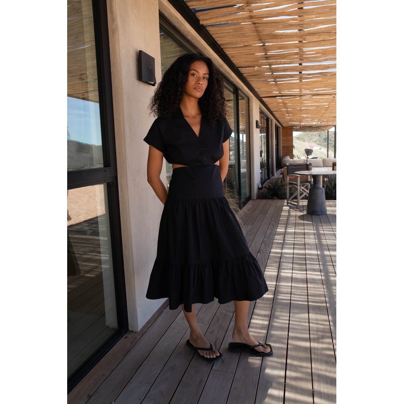 TIERED MIDI DRESS WITH CUTOUTS Black Extra Small