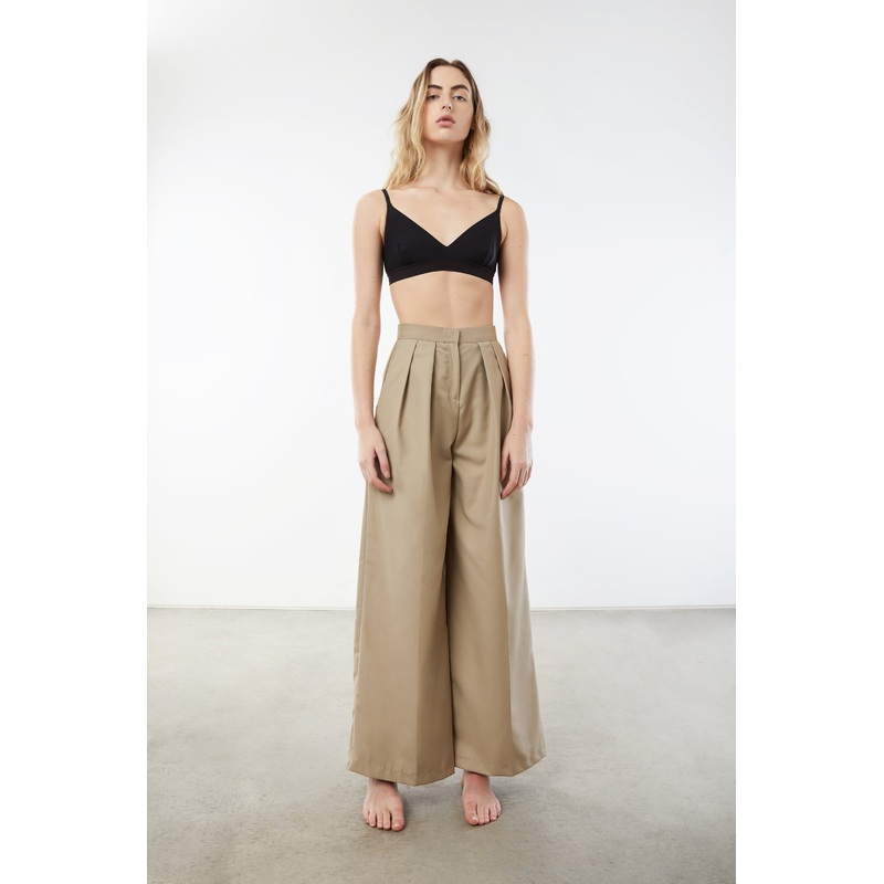 WIDE LEG PANT WITH PLEATS Dark Beige Extra Small
