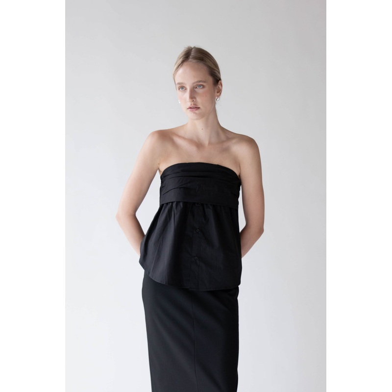 WOVEN TUBE TOP WITH GATHER DETAIL Black Small